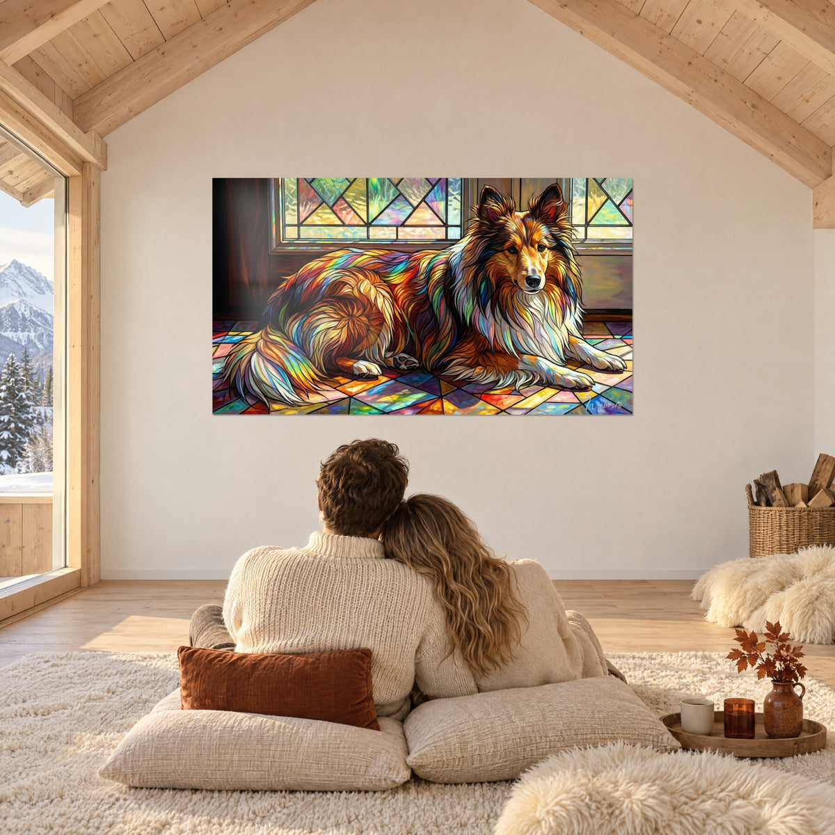 Gemälde Sheltie-Hündin mit sanftem Blick, kupfer- und goldfarbenes Fell auf roten und blauen Fliesen, gegenüber einem Paar in einem Chalet
