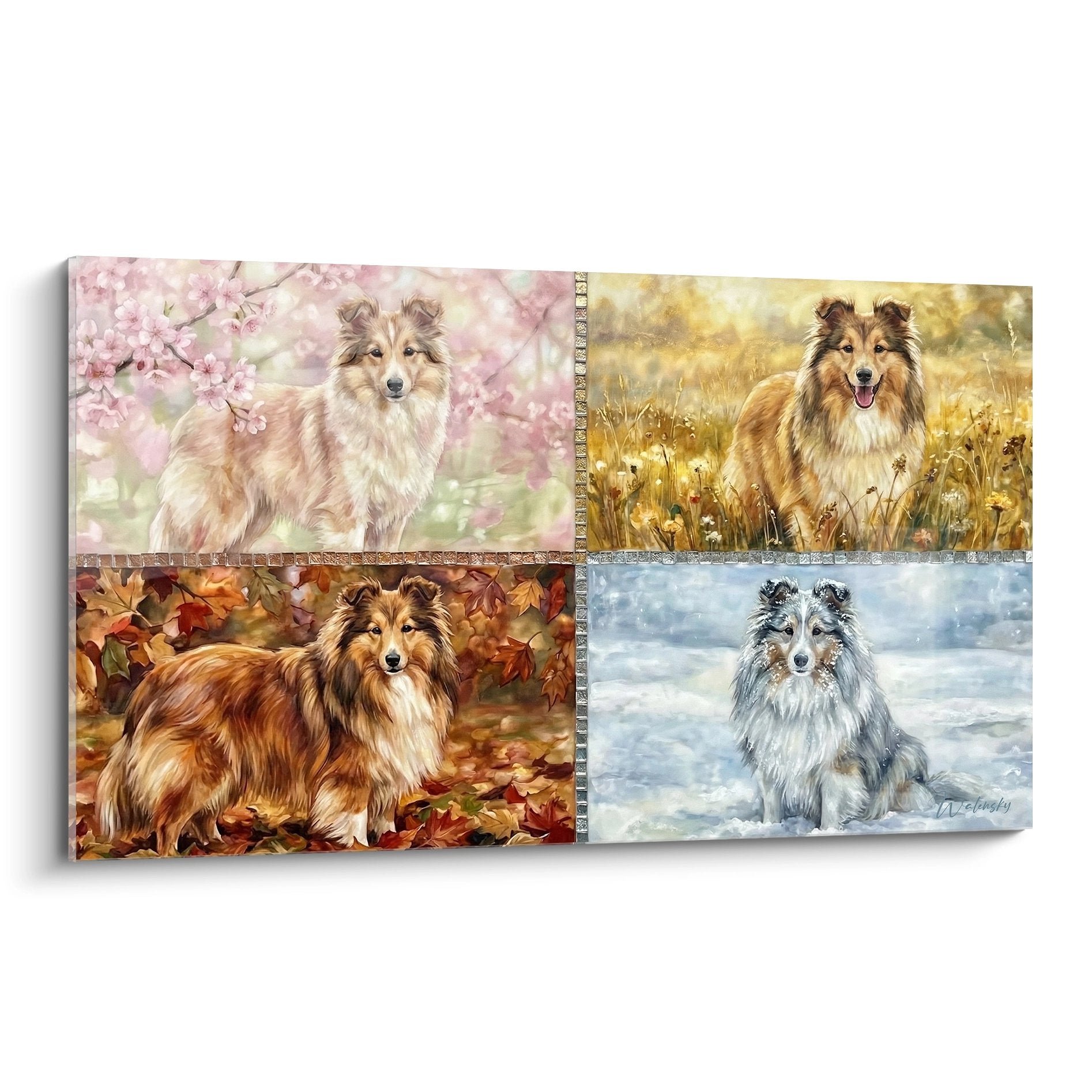 Tableau quatre saisons Berger des Shetland printemps été automne hiver composition artistique