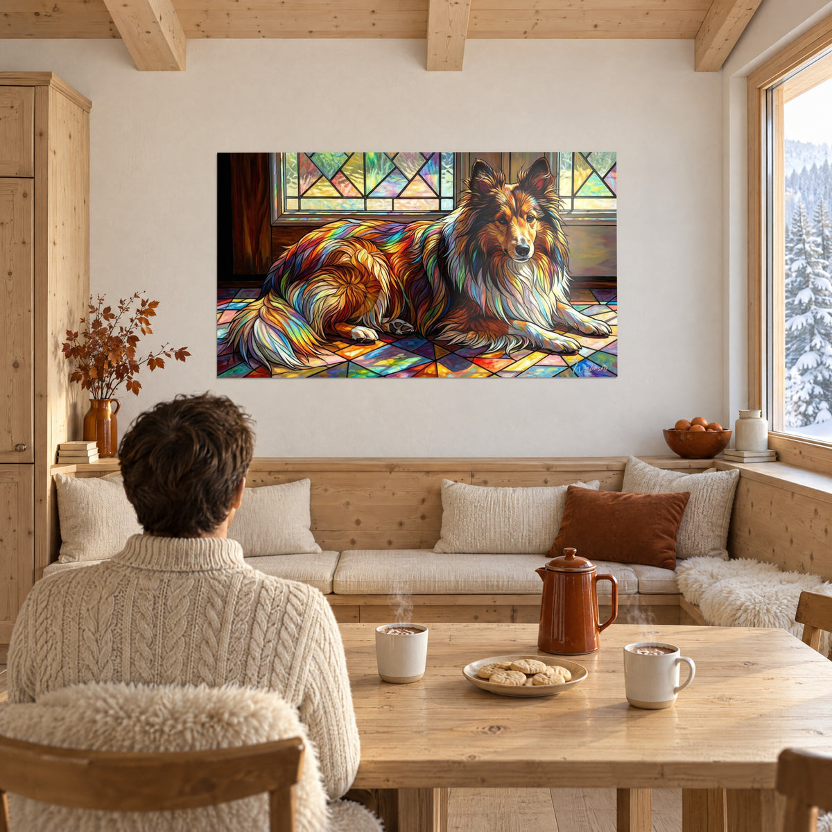 Gemälde Hündchen mit elfenbeinfarbener Mähne, feiner Schnauze und braunen Augen, rosa und grüne Mosaikfliesen am Boden, neben einem Holztisch im Chalet-Stil