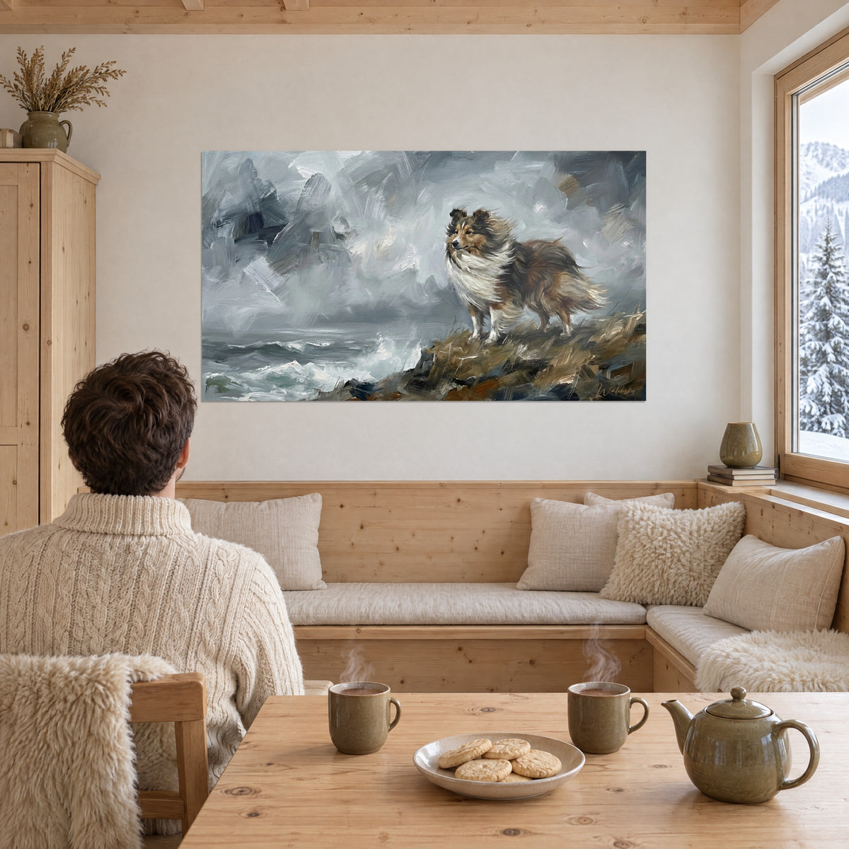 Obraz portret shelties smaganego burzą, kremowa grzywa i rudawe futro, srebrzyste chmury, widziany z kąta salonu w jasnym drewnie