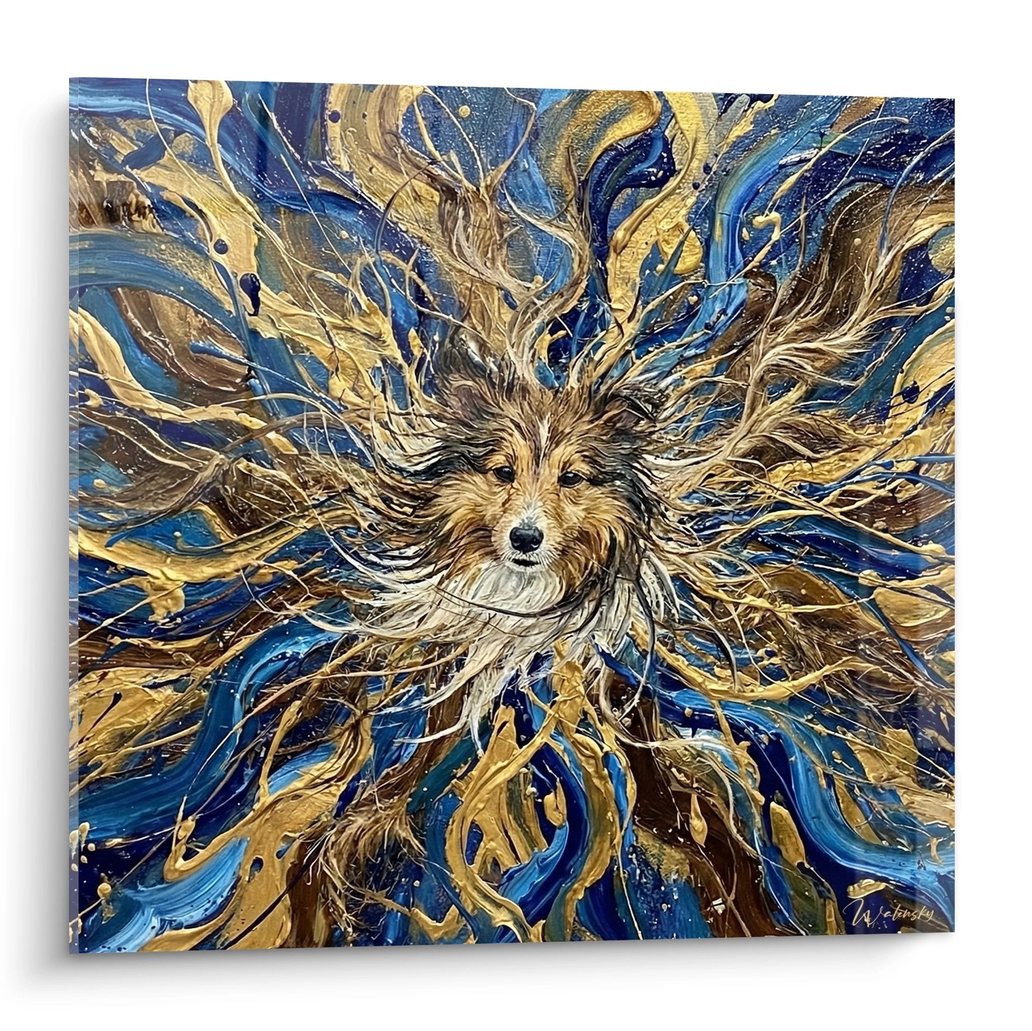 Tableau artistique Berger des Shetland tourbillon dore bleu peinture fluide mouvement dynamique art mural contemporain