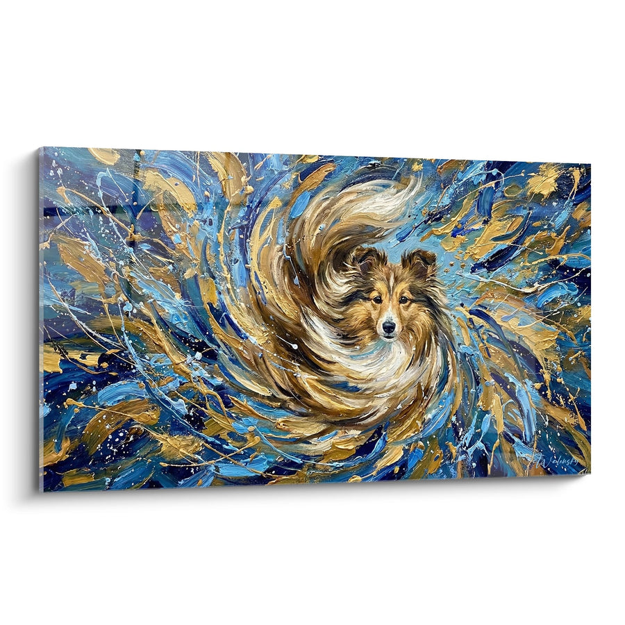 Tableau Berger des Shetland Tourbillon Doré et Bleu - Énergie Cosmique - Edition Berger des Shetland