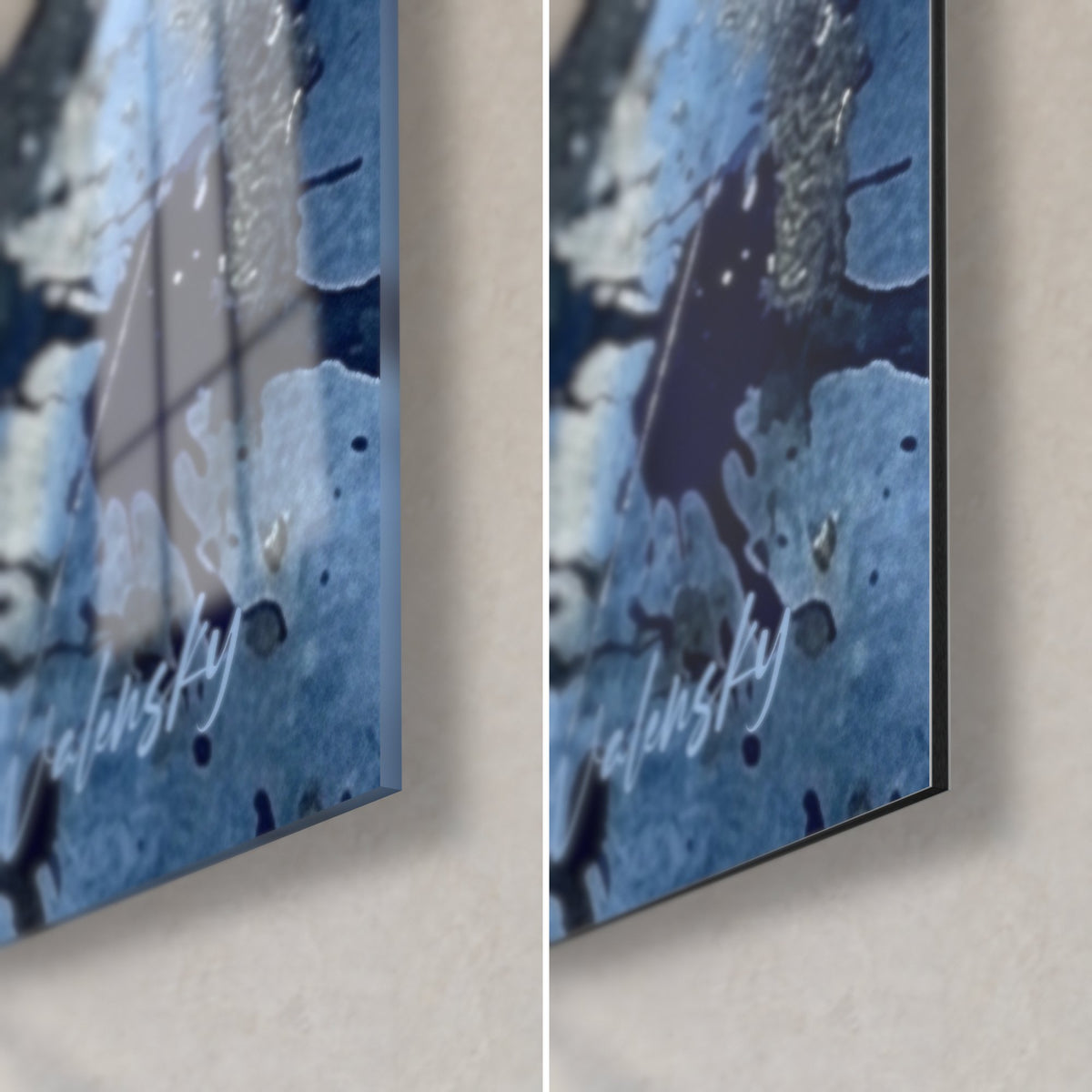 Cuadro pastor australiano con manchas azul cobalto y gris, esquina inferior derecha: cristal acrílico brillante a la izquierda, aluminio Dibond mate a la derecha