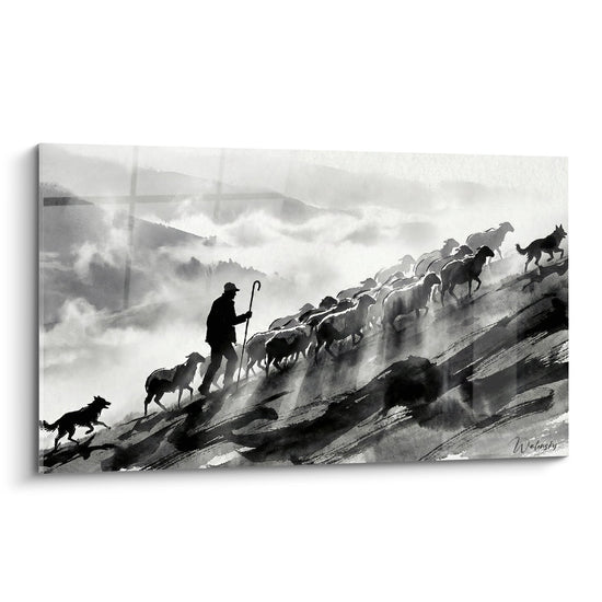 Schilderij Herder en Vee Monochrome in Inkt - Transhumanisme Tradioneel - Editie Baskenland