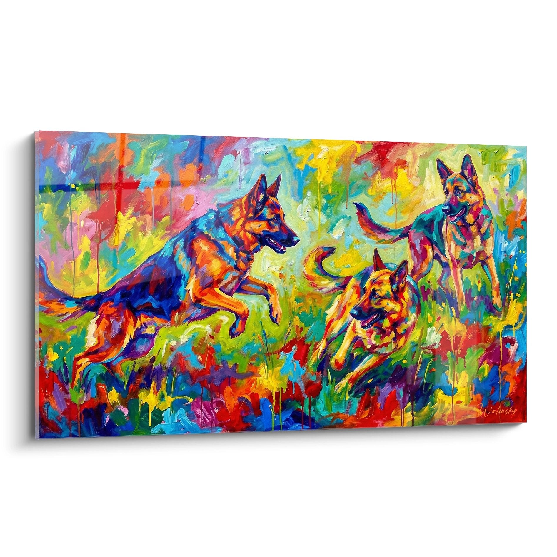 quadro espressionista tre pastori tedeschi colori vivaci blu arancione giallo viola arte contemporanea canina