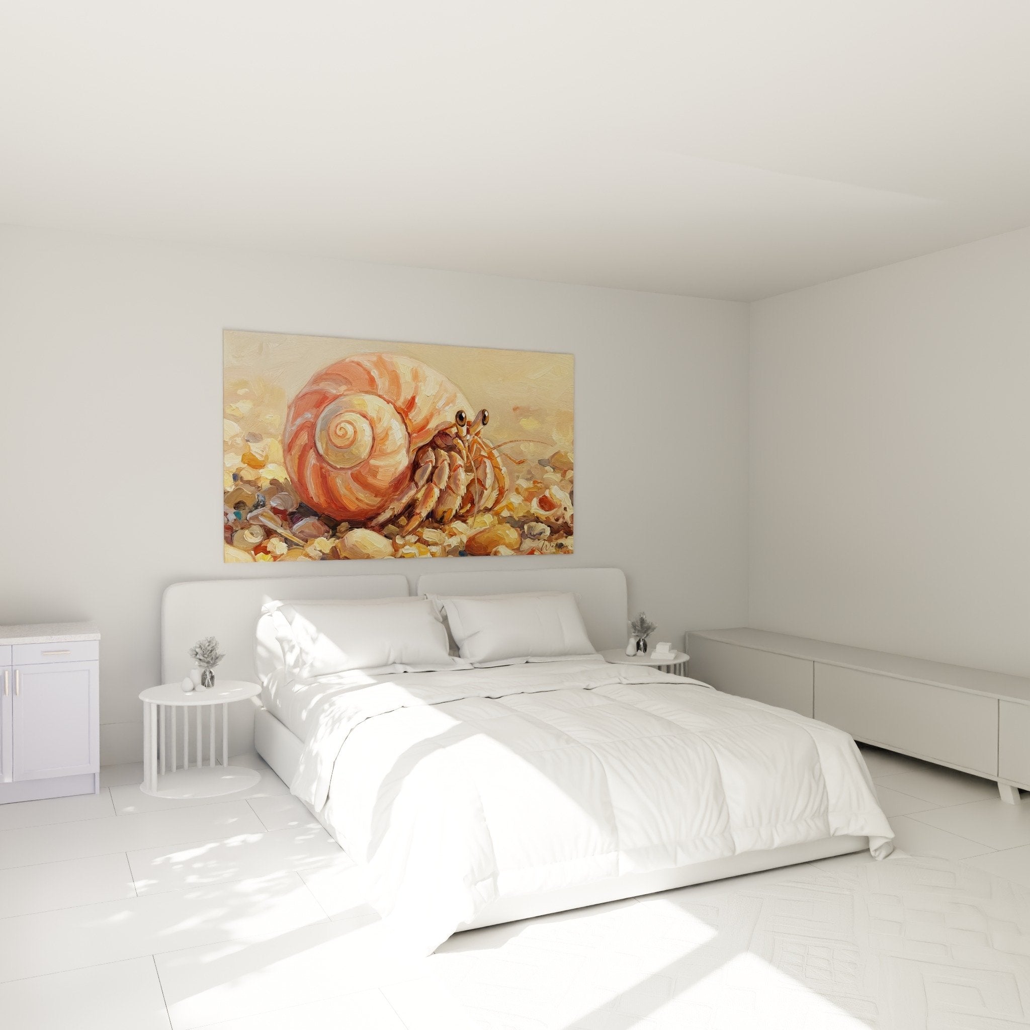 Wandbild Einsiedlerkrebs Korallen- und Orangetöne Schlafzimmerdekoration warme Meeresatmosphäre