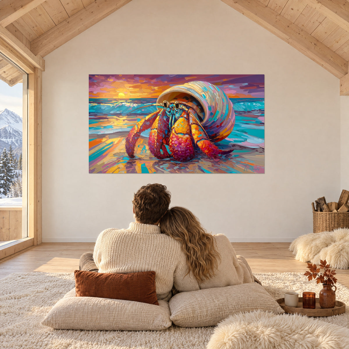 Tableau coquillage habité par un crustacé orangé, mer turquoise et soleil bas, dans une pièce sous charpente où un couple est assis