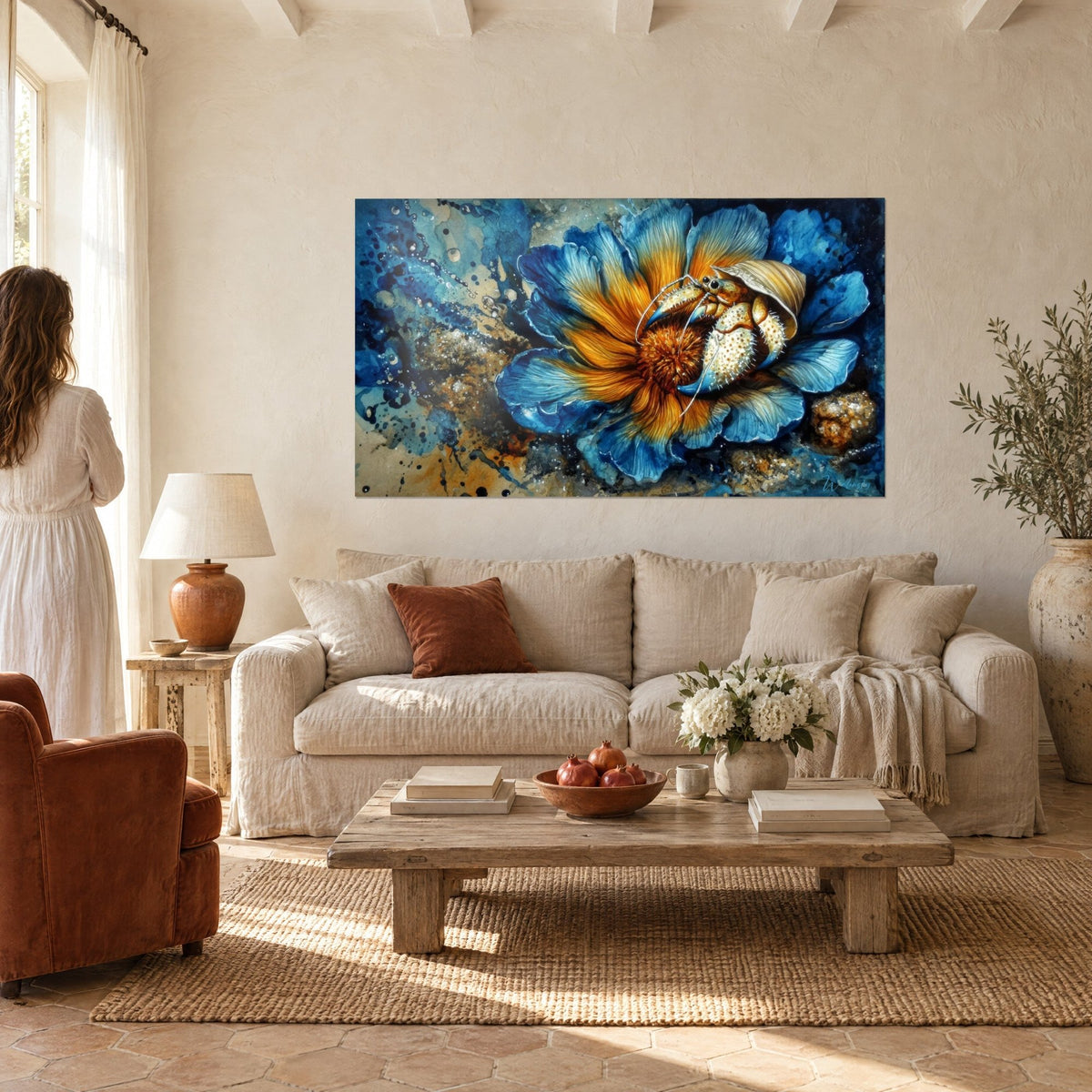 Wall art pearlescent crustacean curled in a royal blue and orange flower crown, spiny claws, above a sofa in a bright living room