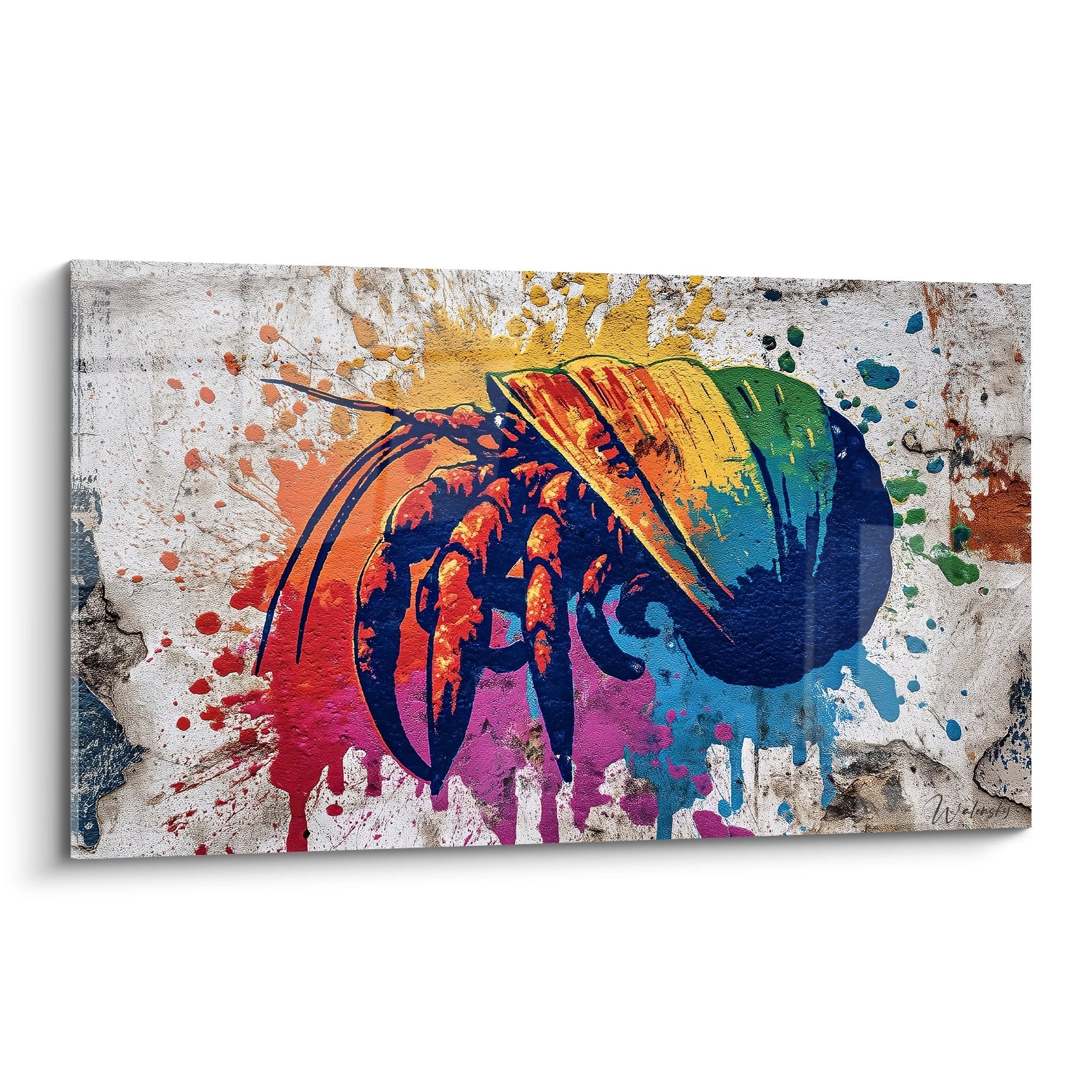 Modernes Gemälde Bernard-Einsiedlerkrebs mehrfarbig rot orange blau auf künstlerischem Spritzfarbenhintergrund