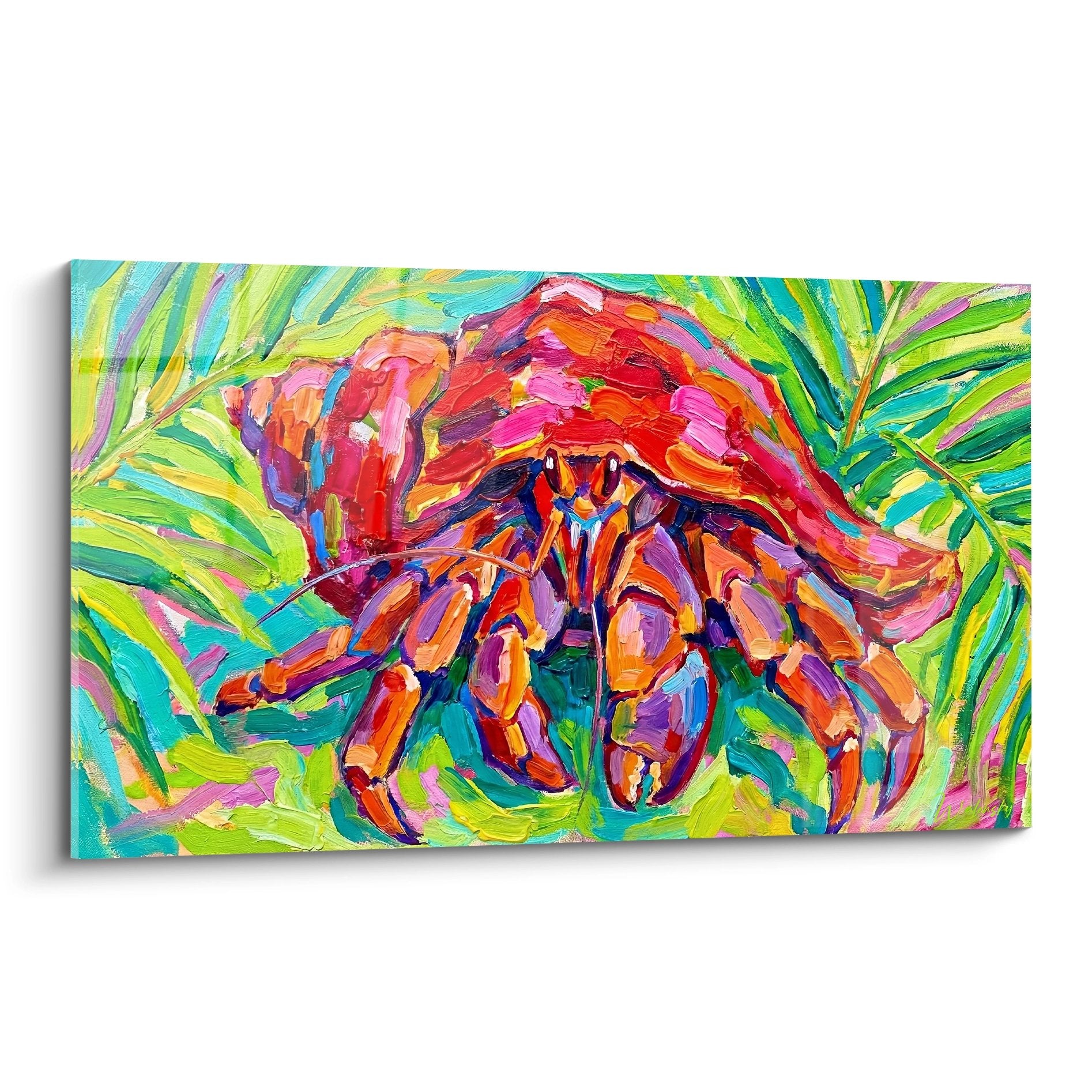 Buntes Einsiedlerkrebs-Gemälde in Rot und Orange auf tropischem grünem Hintergrund – expressionistische Wandkunst
