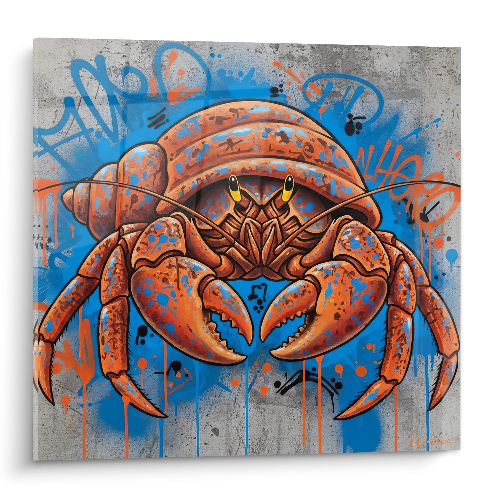 wandbild bernard-l'hermite orange graffiti-stil betonhintergrund blaue spritzer moderne urban art