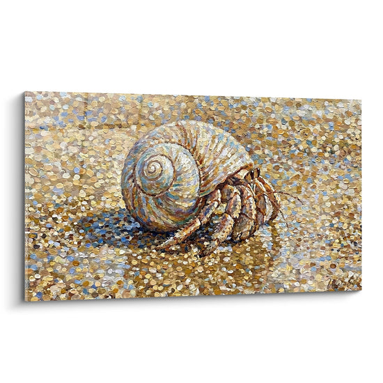 Gemälde Einsiedlerkrebs Pointillismus auf goldenem und blauem Sand - Muschelmosaik - Bernard-l'hermite Edition