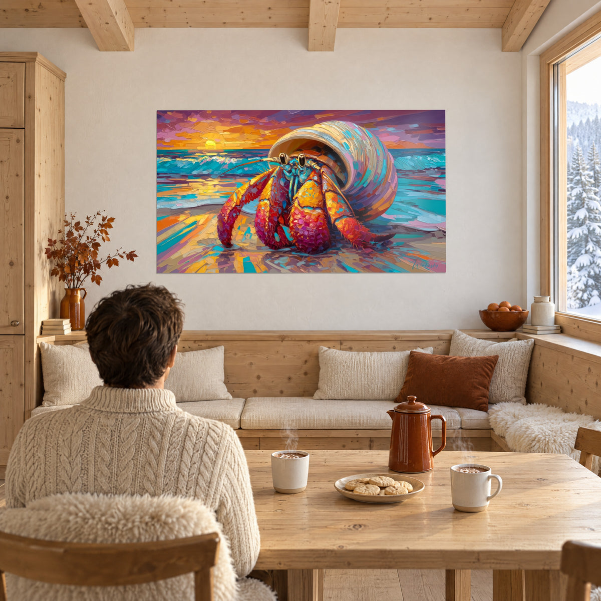 Tableau bernard-l'hermite peint à l'huile, pinces écarlates et coquille ivoire, ciel mauve et orangé, dans un coin repas en bois clair