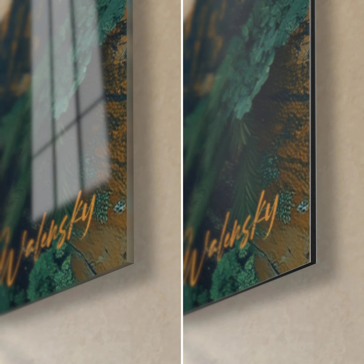 Wall art of rusted orange concrete slabs, bottom right corner in glossy glass and matte Dibond aluminium, 3 mm edge and gold signature