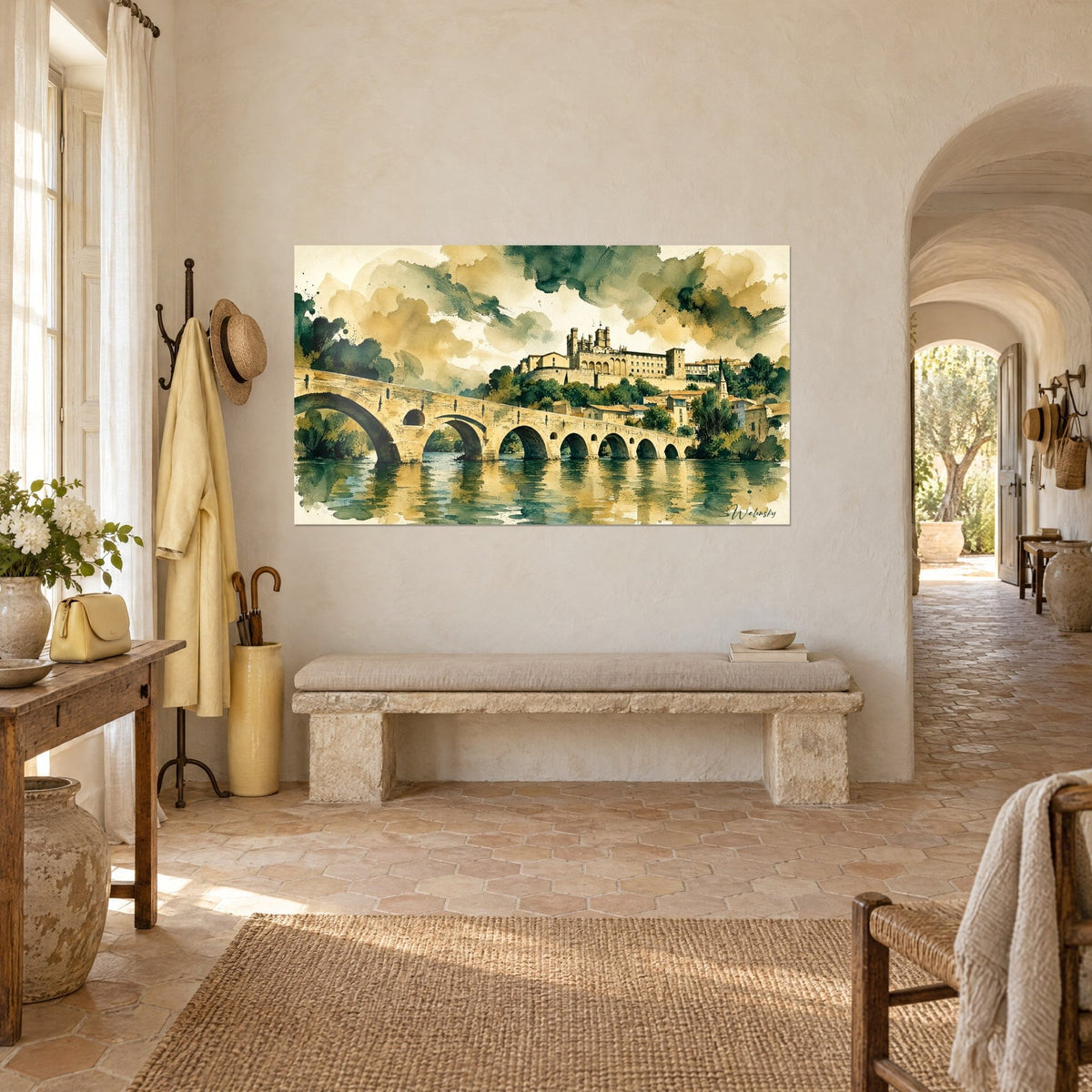 Wall art golden stone arches over the Orb, forest green and pale yellow wash, hung in a Provençal farmhouse seen three-quarter view