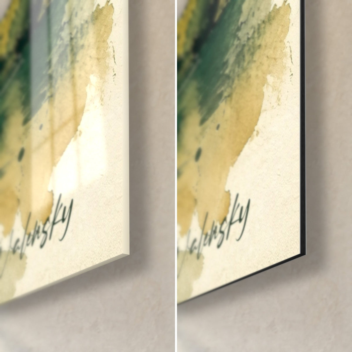 Wall art Béziers in watercolour, bottom right corner: yellow and sage green wash, Walensky signature, glossy glass and matte Dibond