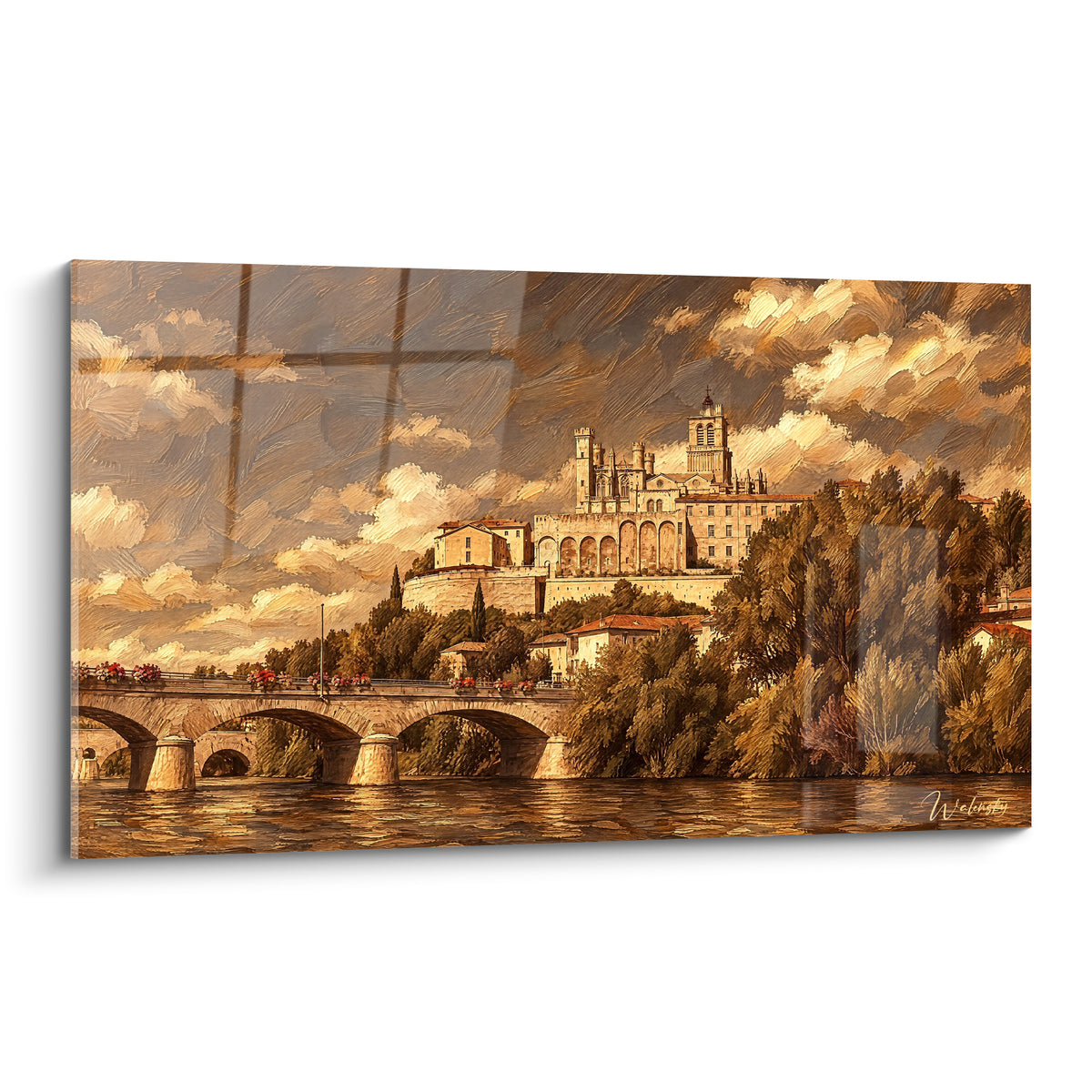 Cathédrale Saint-Nazaire et Pont Vieux de Béziers en tons ocre et brun doré au crépuscule