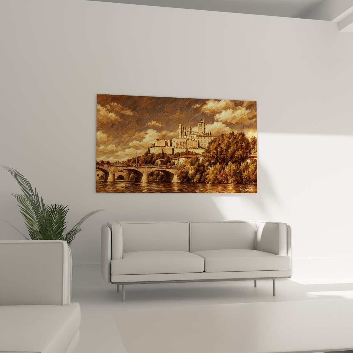 Colline fortifiée de Béziers aux nuances ocre et anthracite, accroché au-dessus d'un canapé dans un salon lumineux