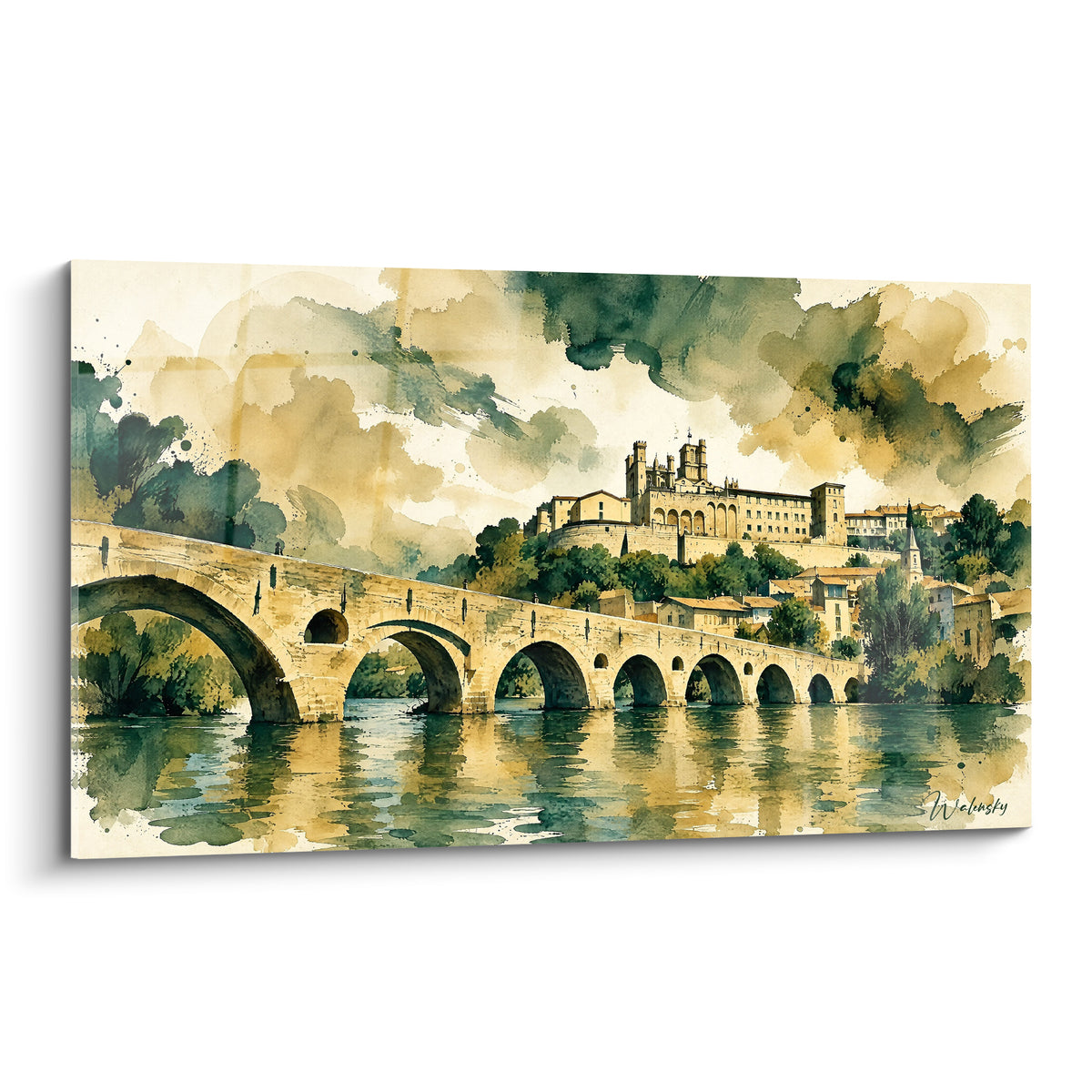 Wall art of the Pont Vieux bridge in Béziers with ochre arches, sage green reflections on the Orb river and the cathedral in the background