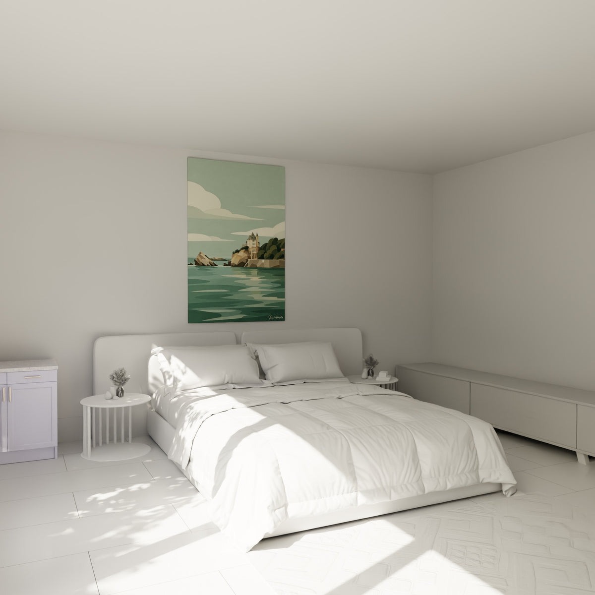 Demeure côtière anthracite dominant les flots turquoise, au-dessus d'un lit dans une chambre claire