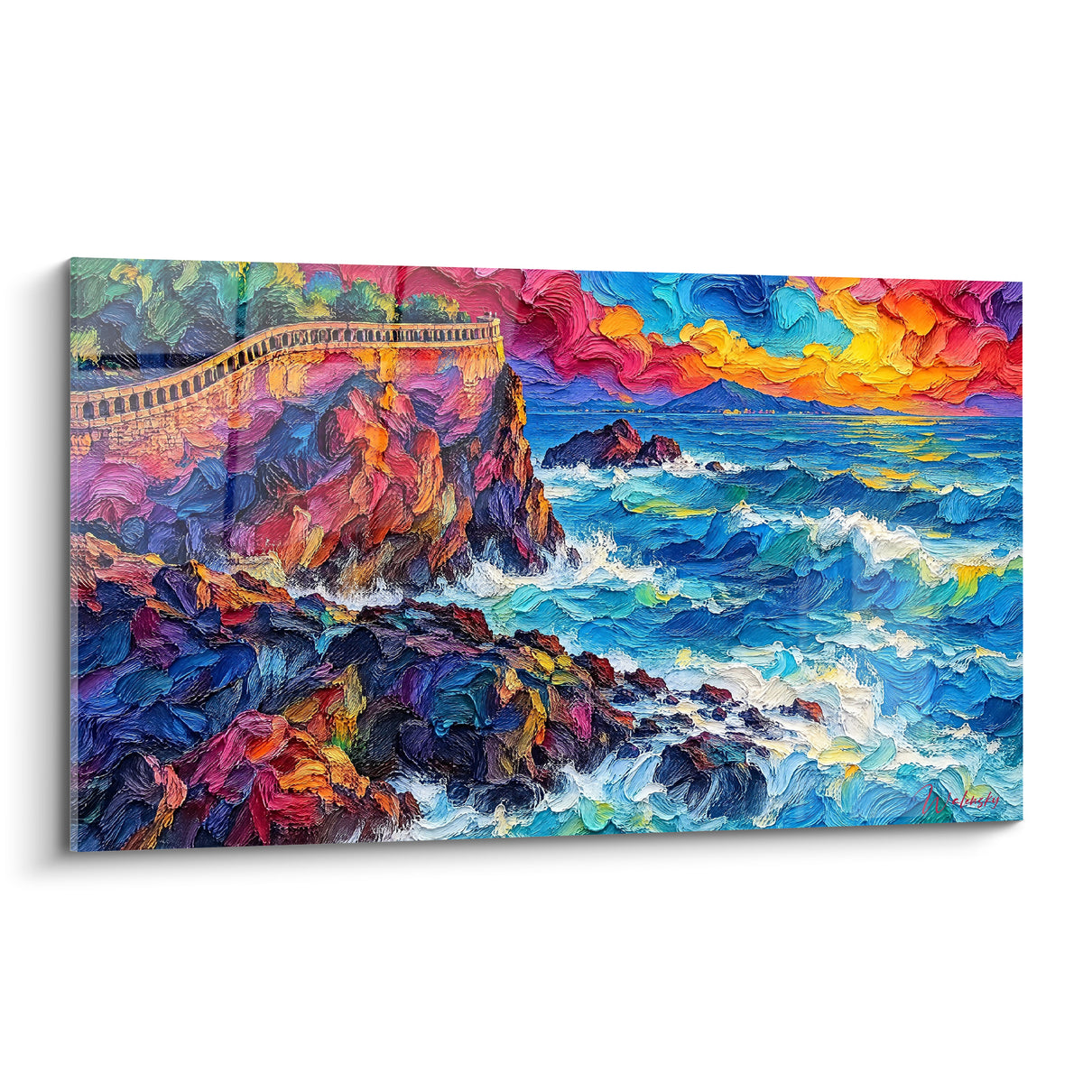 Falaise rocheuse aux teintes bleu marine et ocre, vagues écumeuses sous un ciel flamboyant orange et rose