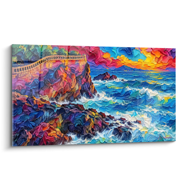 Tableau Côte rocheuse aux falaises bleues et dorées - Embruns flamboyants - Edition Biarritz  Nouvelle-Aquitaine France