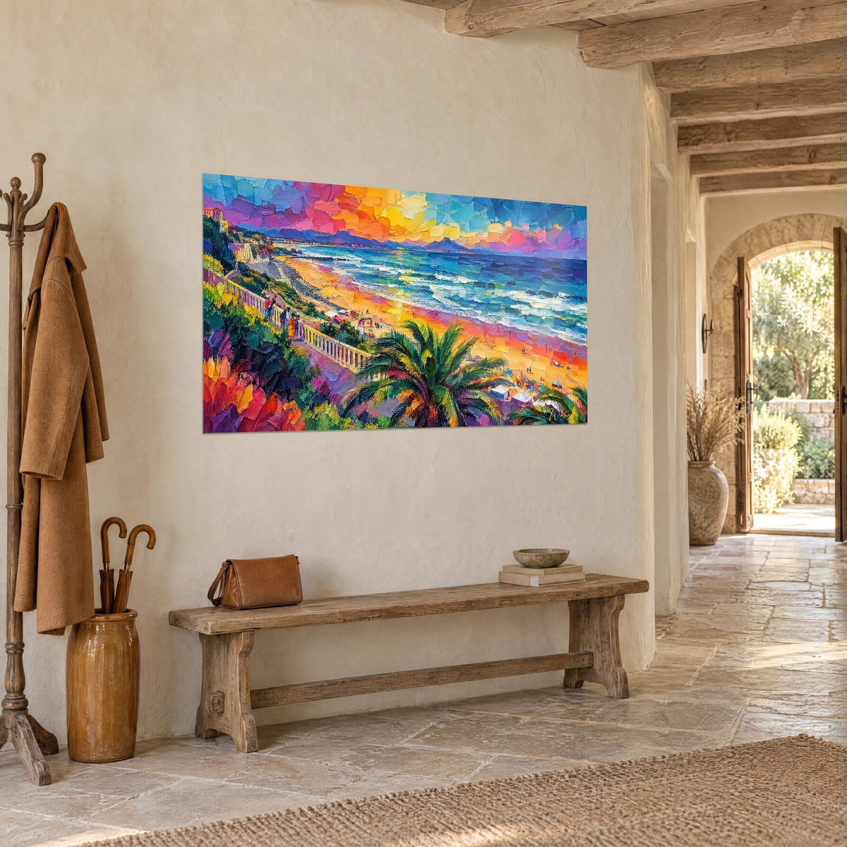 Schilderij zeedijk in dik impasto, roze en gele lucht, turquoise golven, lichte balustrade, in een gang van landelijke steen