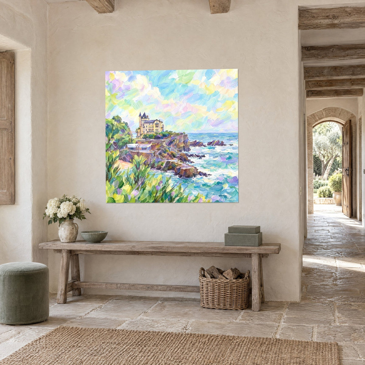 Wall art straw-yellow coastal castle with slate roofs, purple rocks and green shrubs, vaulted entrance of a stone house