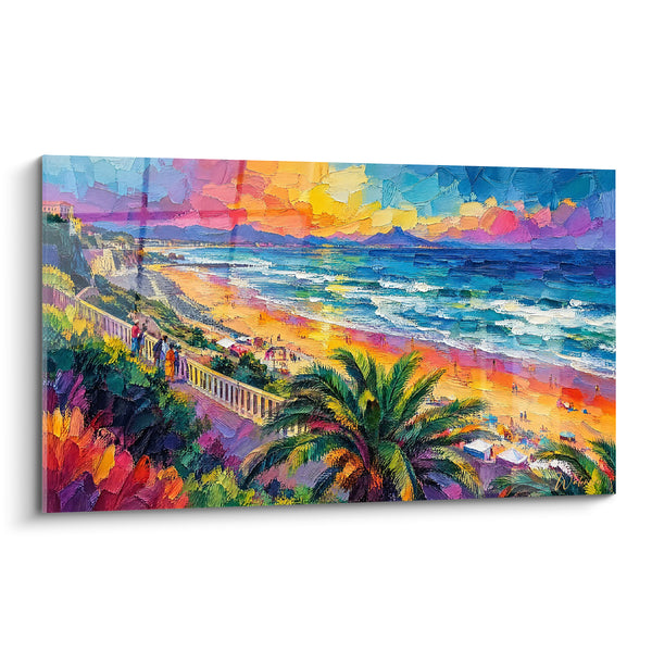 Schilderij Strand oceaan met oranje en turquoise palmbomen - Wandeling bij zonsondergang - Editie Biarritz Nouvelle-Aquitaine Frankrijk
