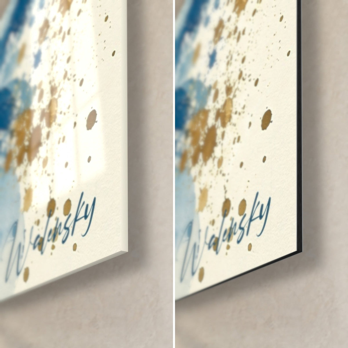 Wall art Biarritz villa, bottom right corner: glossy glass on the left, matte black Dibond on the right, gold and blue spray