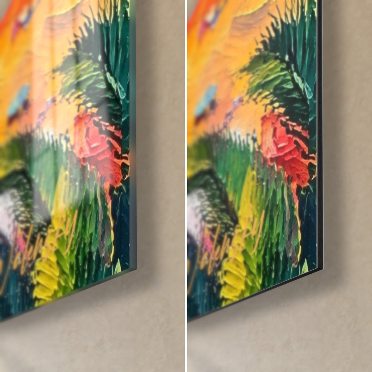 Schilderij groene en rode palmbladeren in olieverf, glanzende glazen hoek linksonder, mat Dibond-aluminium rechts, 3 mm rand