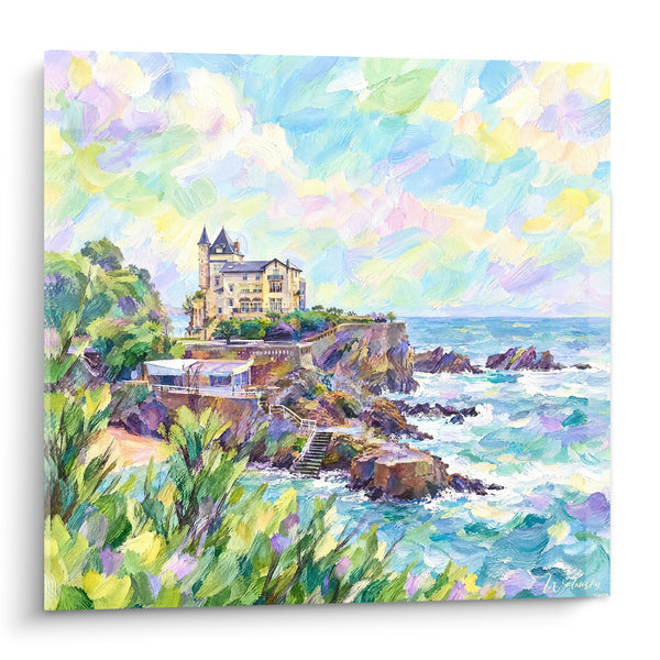 Schilderij Kustvilla met Gouden Torentjes en Klippen - Wandeling aan de Klippenrand - Editie Biarritz Nouvelle-Aquitaine Frankrijk