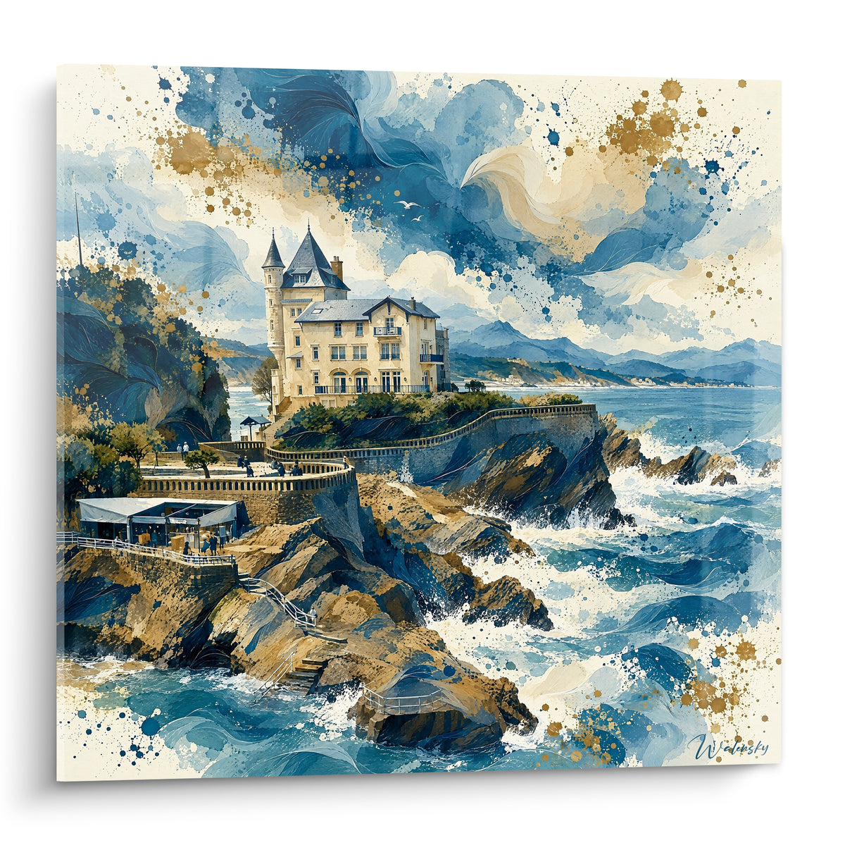 Wall art Basque villa perched on a rock, navy blue and gold, powerful waves in the foreground