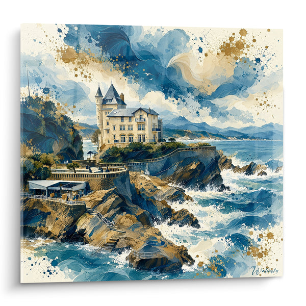 Painting Villa on Rocky Outcrop Blue and Gold - Sentinel of the Tides - Biarritz Edition Nouvelle-Aquitaine France