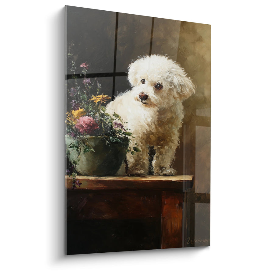 Obraz Bichon Frisé Biały z Kwiatami Kolorowymi - Urok Bucoliki - Edycja Bichon Frisé