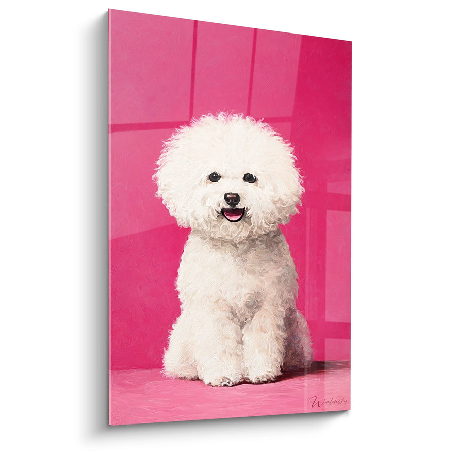Tableau Bichon Frisé Blanc sur Fond Rose Vif - Portrait Canin Joyeux - Edition Bichon Frisé