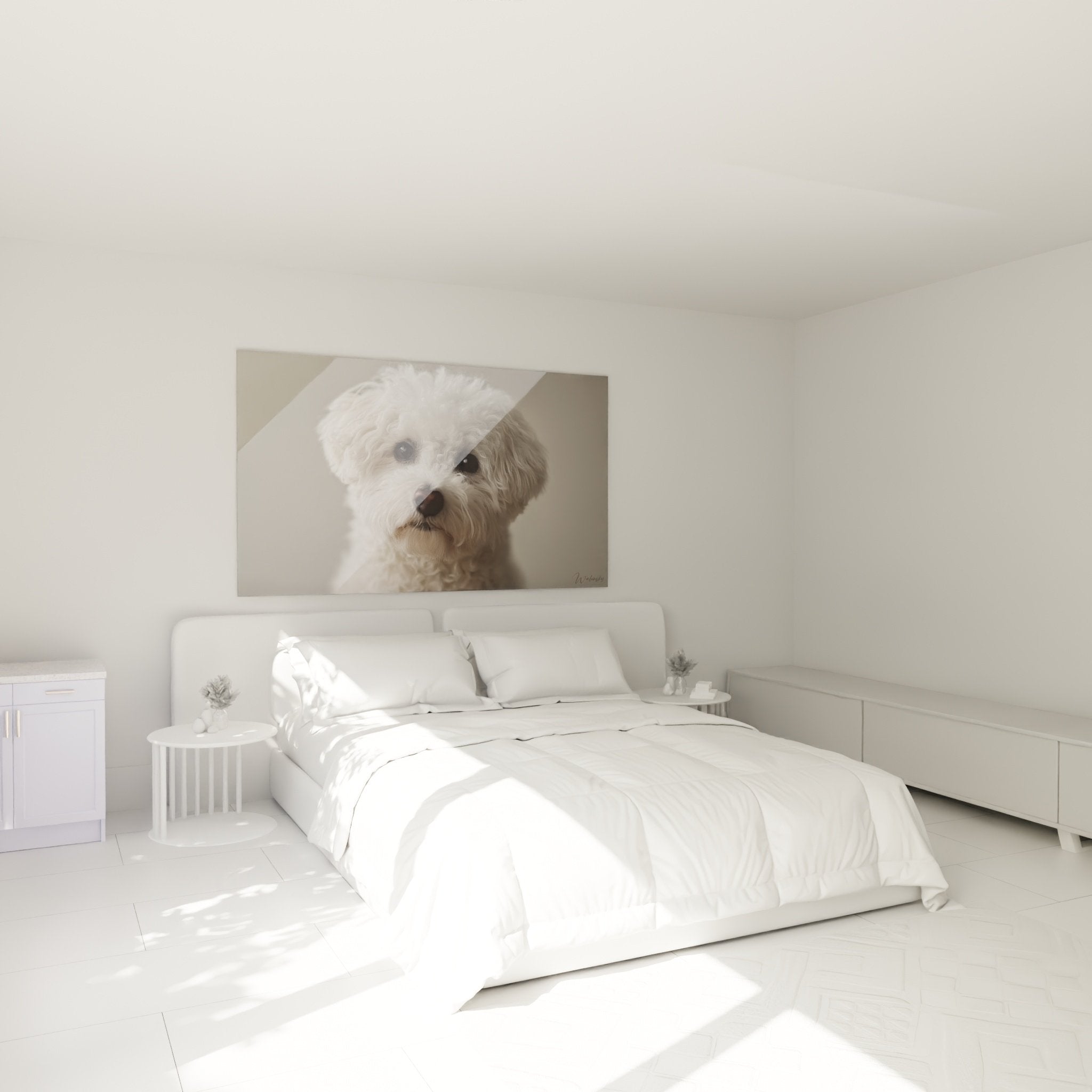 Tableau portrait Bichon Frise accroche au mur chambre decoration murale chien blanc