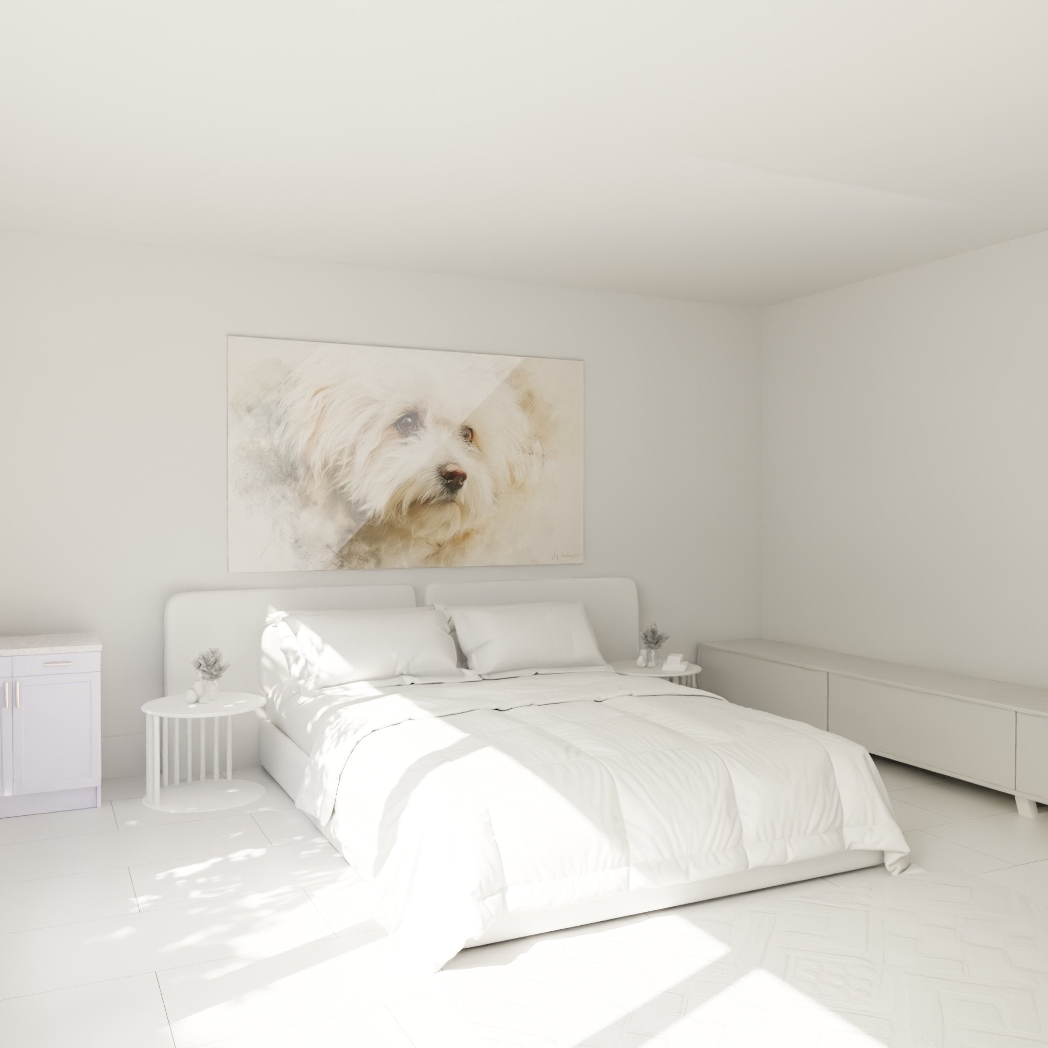 Tableau Bichon Frisé tons beiges dans chambre cocooning décoration murale apaisante