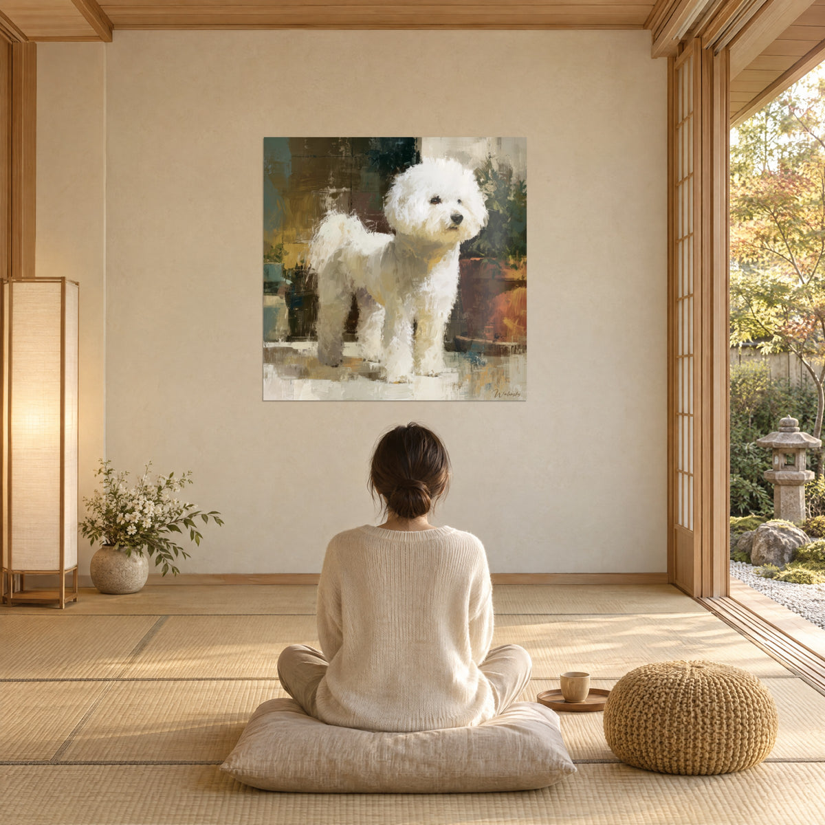 Cuadro bichón frisé blanco como la nieve sobre fondo ocre, verde oscuro y gris azulado, mujer de espaldas sentada en un cojín frente a un jardín