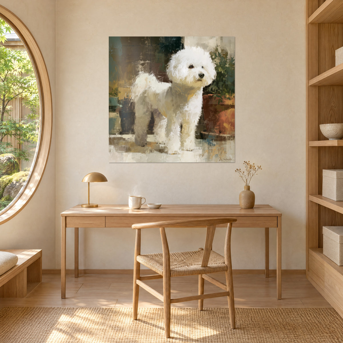 Cuadro caniche blanco con pinceladas gruesas, planta verde y maceta naranja, pared beige sobre un escritorio de madera clara