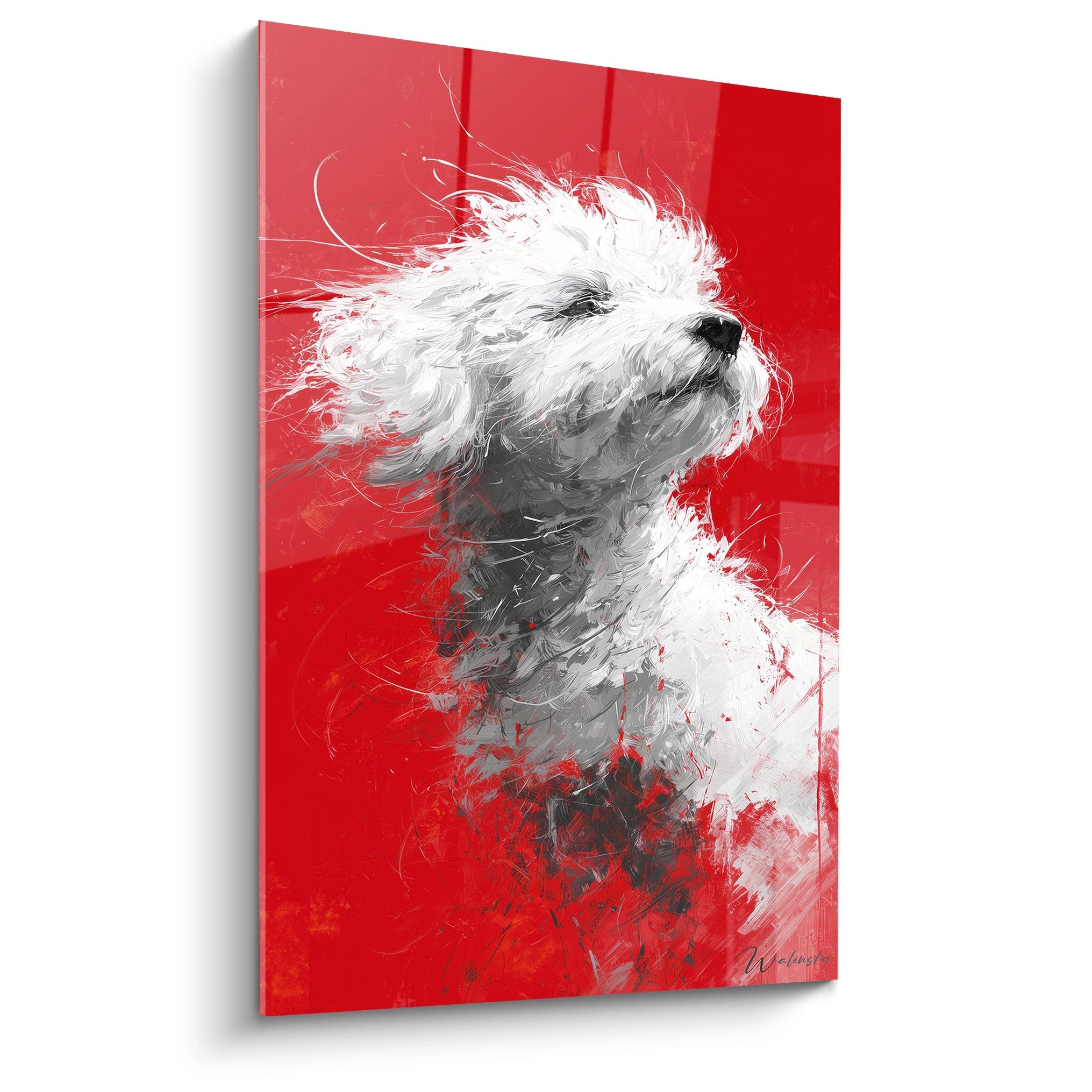 Tableau moderne Bichon Frise poils blancs en mouvement sur fond rouge ecarlate style expressionniste