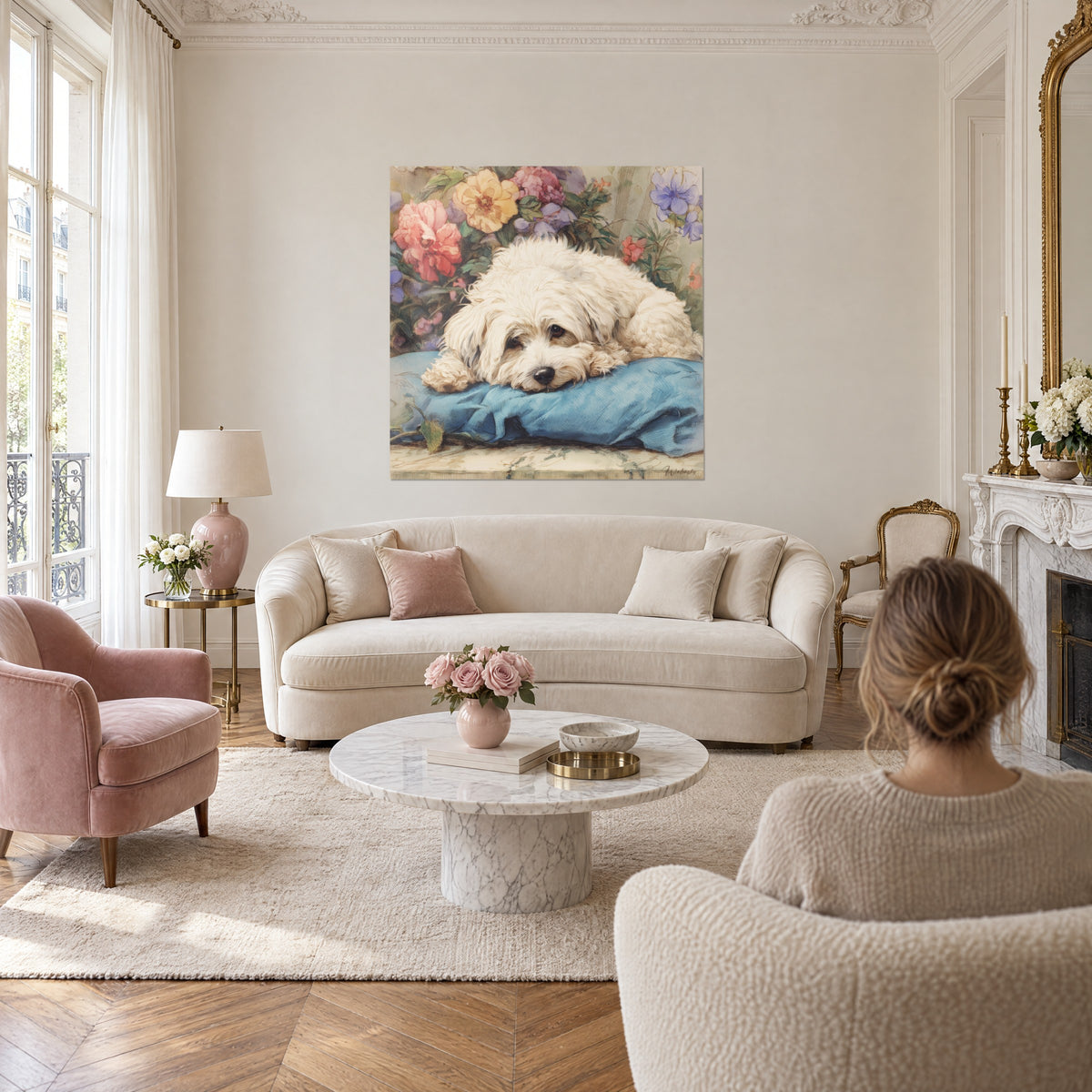Gemälde Havaneser mit cremefarbenem Fell, auf einem blauen Kissen vor rosa Pfingstrosen liegend, über einem Sofa in einem hellen Wohnzimmer