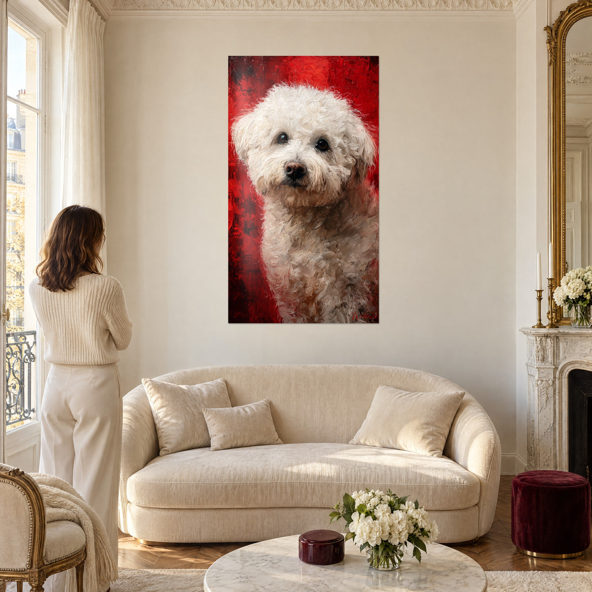 Cuadro bichón habanero de pelaje crema denso, fondo rojo bermellón, mujer de espaldas, sobre un sofá en un salón luminoso