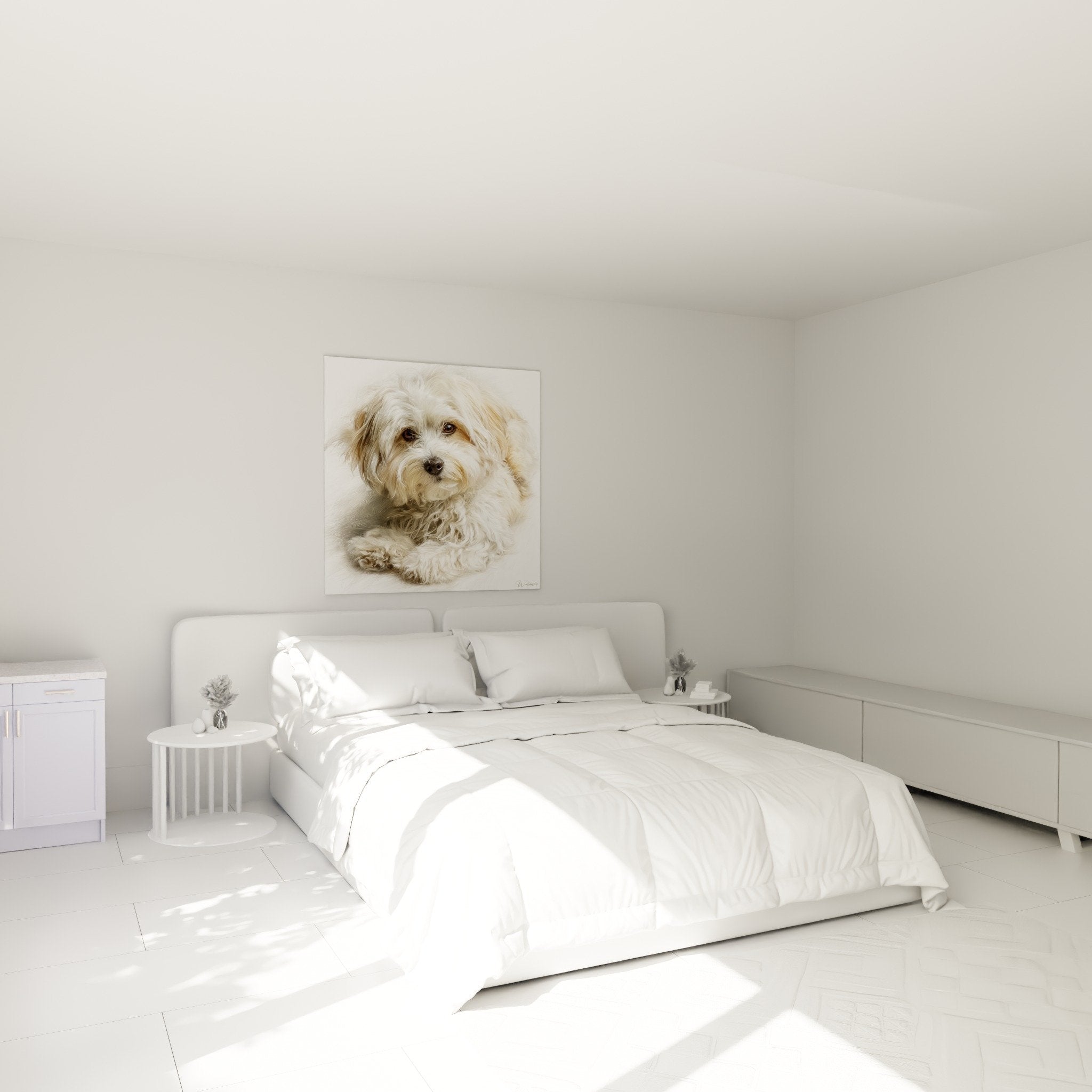 Tableau Bichon Havanais tons dorés chambre mur beige decoration murale chien portrait artistique