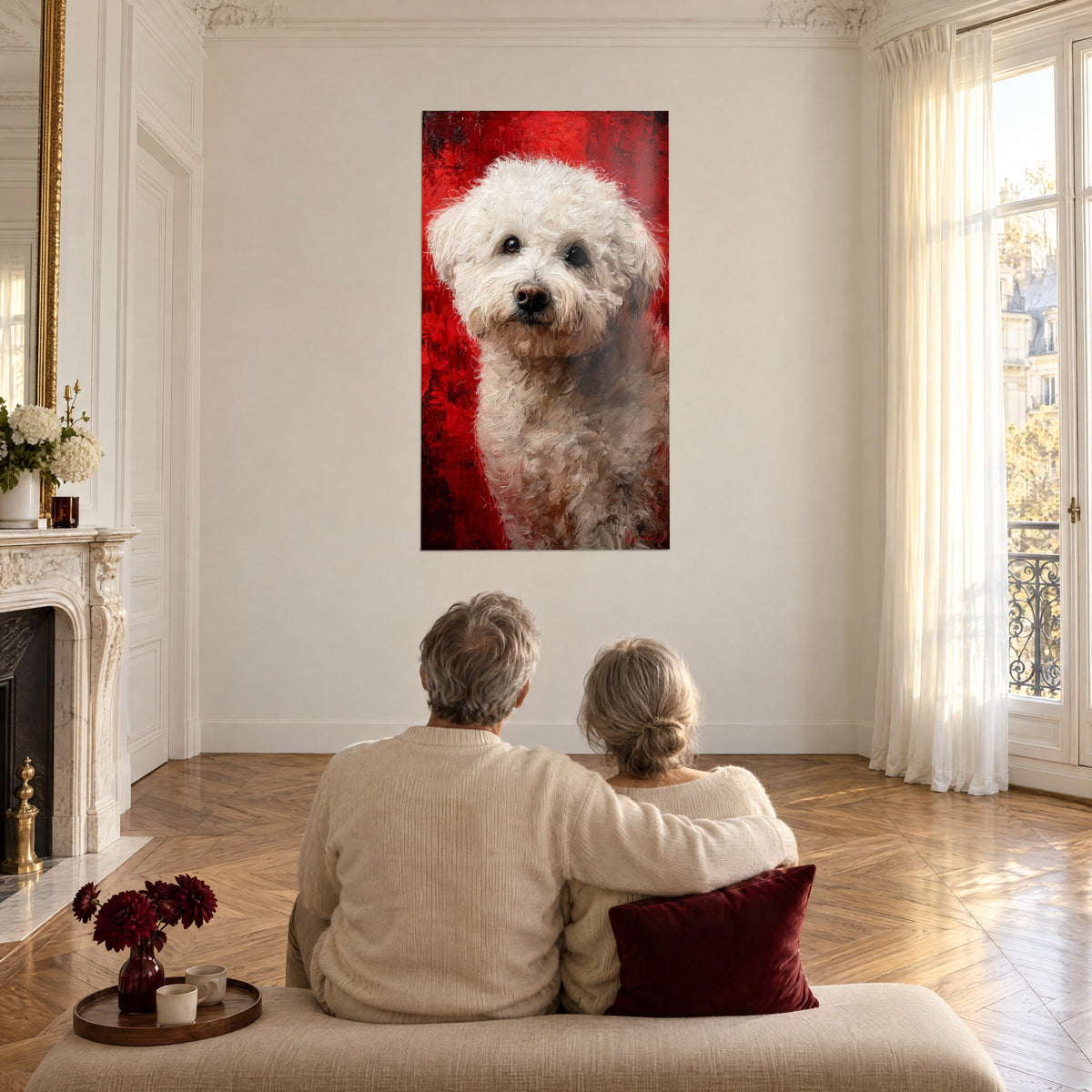 Cuadro compañero de cuatro patas en pintura gruesa blanca y roja, pareja de espaldas sentada en un banco, parquet en espiga húngara