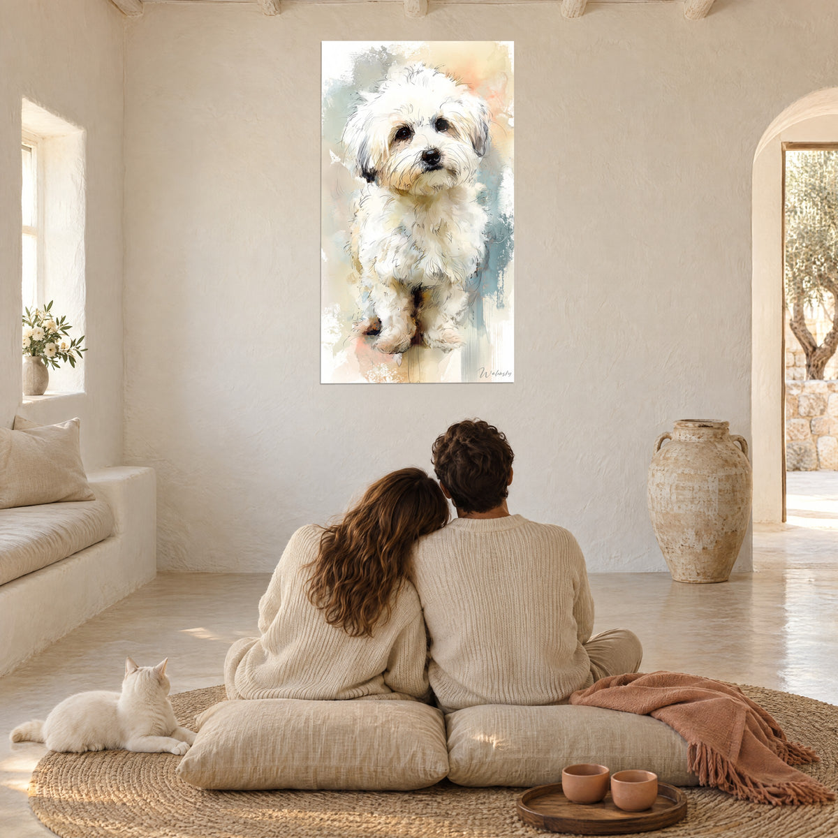 Cuadro de perro blanco sedoso de grandes ojos oscuros, acuarela rosa salmón y azul grisáceo, contemplado por una pareja sentada de espaldas sobre cojines junto a un gato tranquilo