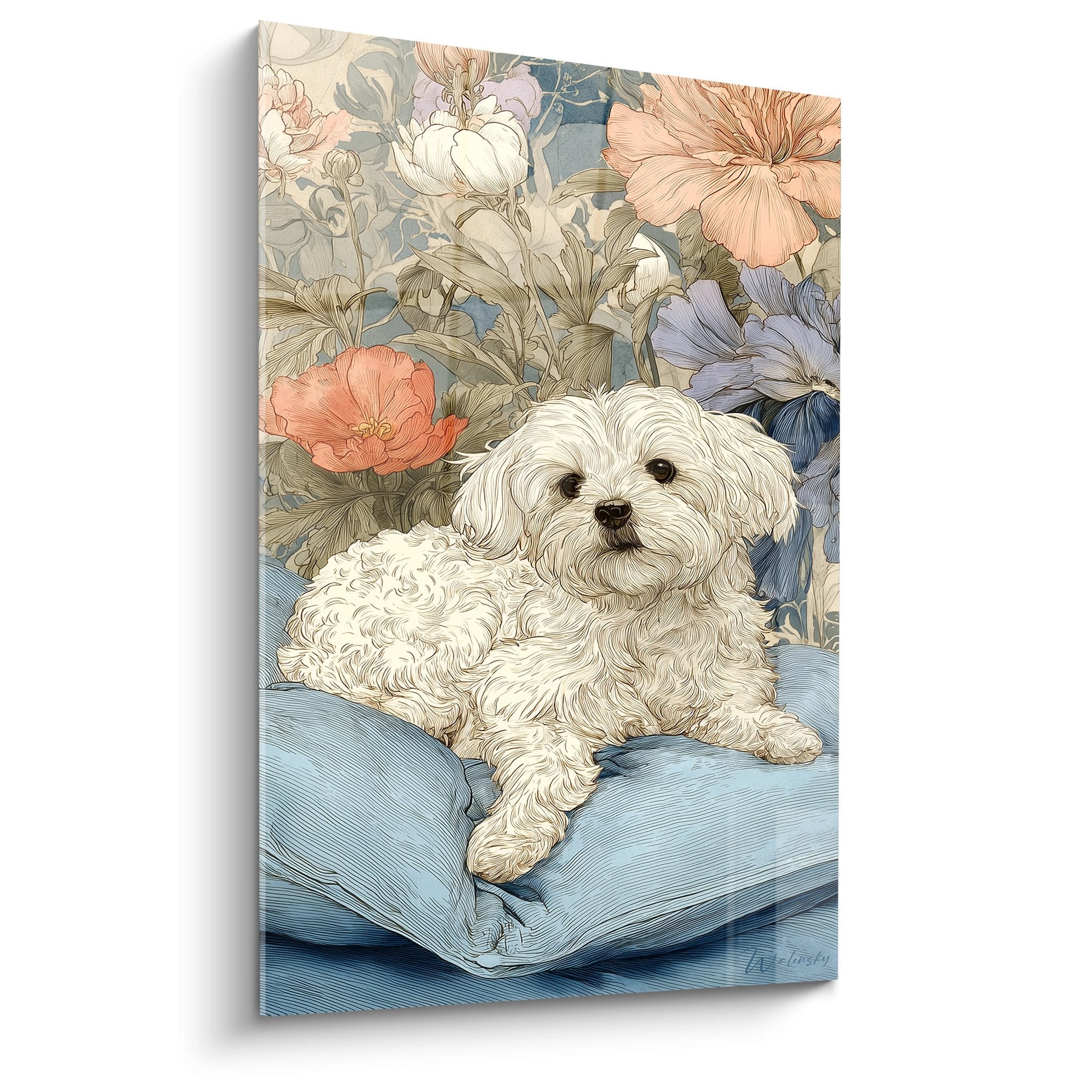 Tableau Bichon Havanais blanc sur coussins bleus entouré de fleurs corail et pêche dans un style artistique délicat