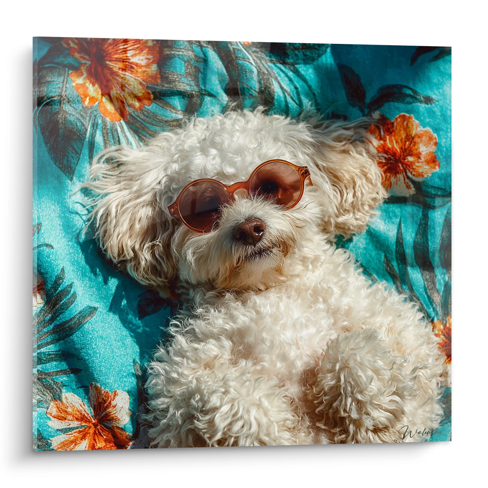 Bichon Havanais blanc avec lunettes sur fond tropical turquoise et fleurs orange - tableau decoratif