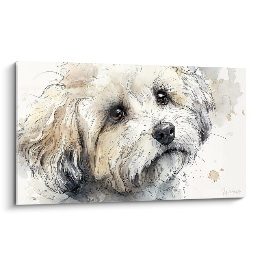 Tableau Portrait Aquarellé aux Tons Beiges et Crème - Regard Tendre - Edition Bichon Havanais