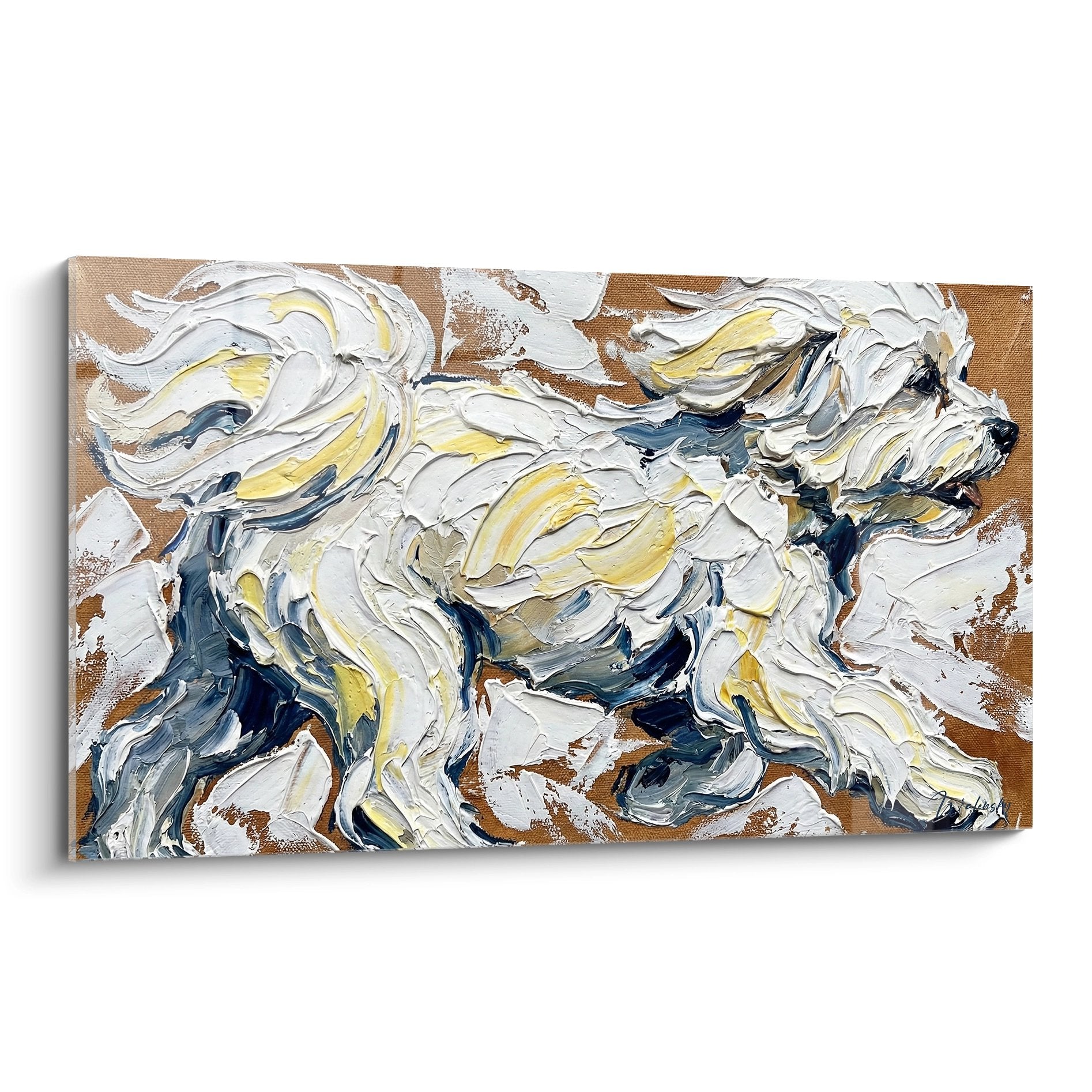 tableau expressionniste bichon maltais pelage blanc reflets dores empâtements mouvement pictural ocre